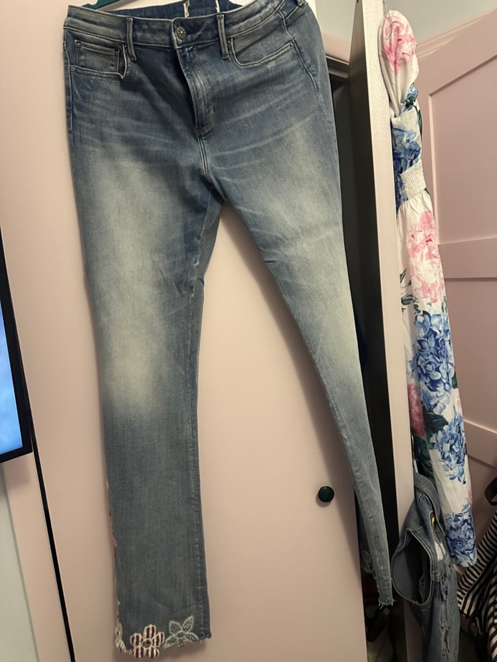 Free People Light Blue Embroidered Hem Cropped Jeans